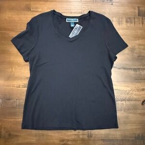 Karen Scott V-Neck T-Shirt Short Sleeve‎ Casual Top Black Women's Size